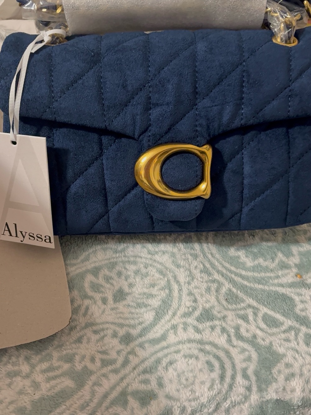 Alyssa Quilted Suede Shoulder Bag in Navy with Gold Accent